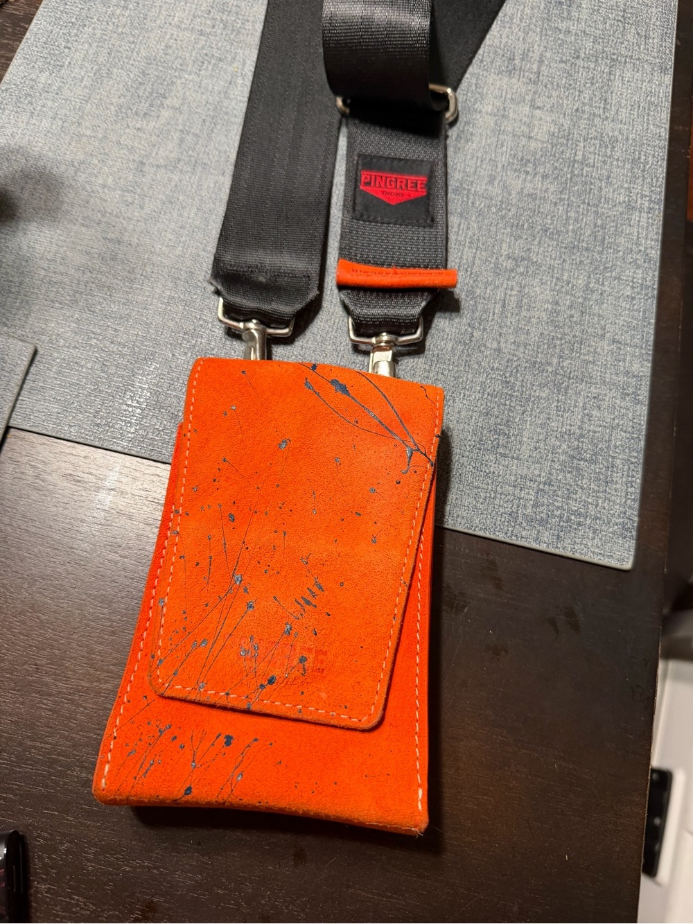 Pingree Detroit Leather Phone Crossbody Pouch with Black Strap and Blue Paint